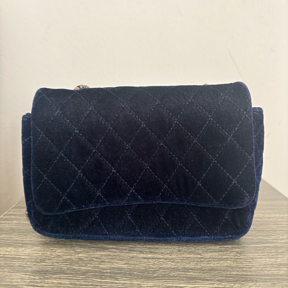 Royal blue velvet crossbody flap bag